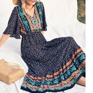 PRETTY GARDEN Floral Paisley Summer Maxi Dress Sz L Boho